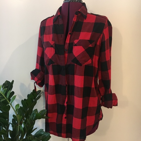 EXPRESS Red Buffalo Check Button-Down - Picture 2 of 3